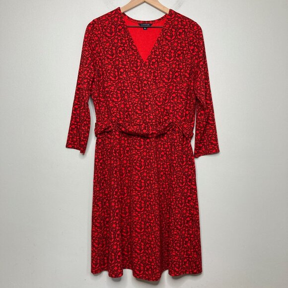 Lands End Dress Womens Large Red Jersey Faux Wrap Graphic Print Career Office - Picture 2 of 10